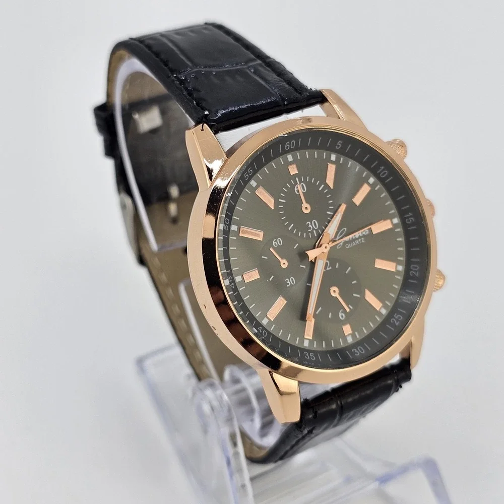 Men's Watch Analog 40MM Black Dial Black Faux Leather Bands New Battery